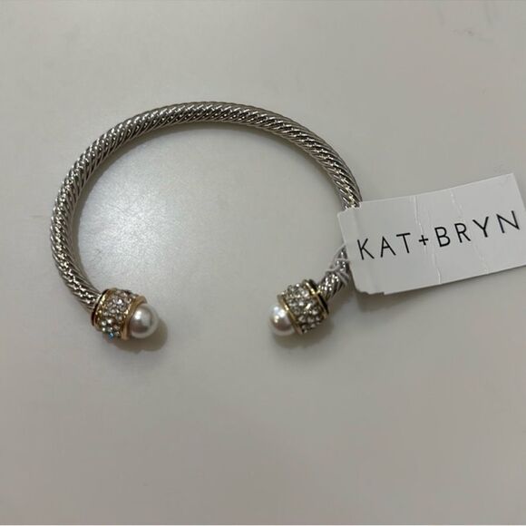 KAT + BRYN Stone Cable Cuff Bracelet Silver Gold Rhinestones Pearls - Picture 1 of 6